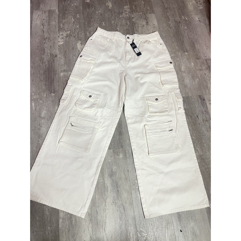 Fashion Nova Lily High Rise Cream Cargo Jeans Women Size 14 Bag5